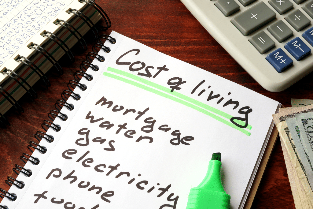 words in a notepad - cost of living is a title and below is a list of costs (mortgage, water, gas and so on)